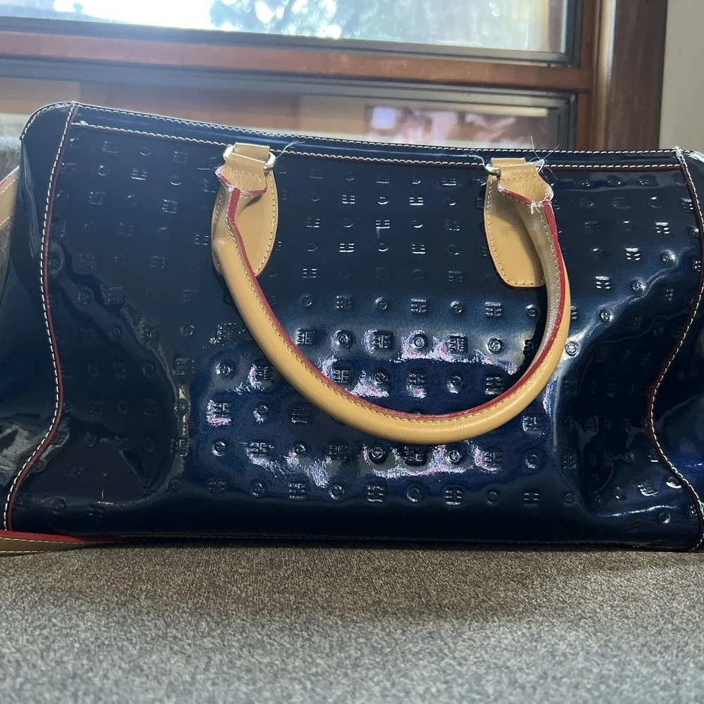 Arcadia Satchel Bag Womens Large Navy Blue Embossed Patent Leather Made in Italy